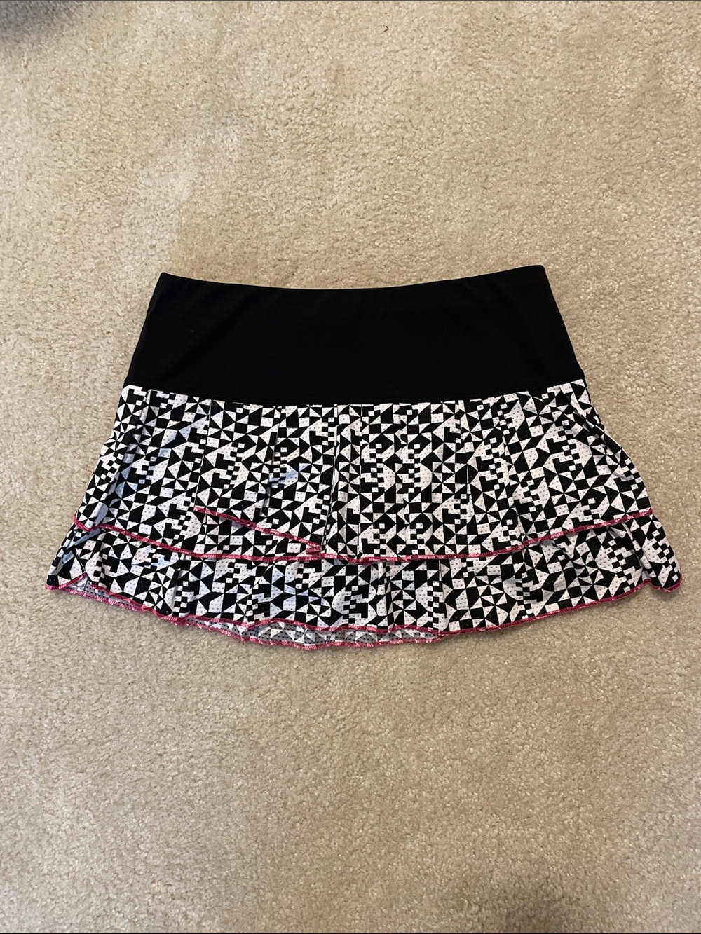Lucky in Love Black & White Geometric tennis Skirt with Pink Trim